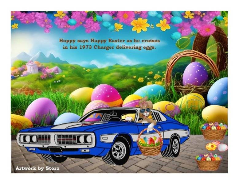2025 1973 CHARGER WITH HOPPY THE EASTER BUNNY DRIVER.jpg