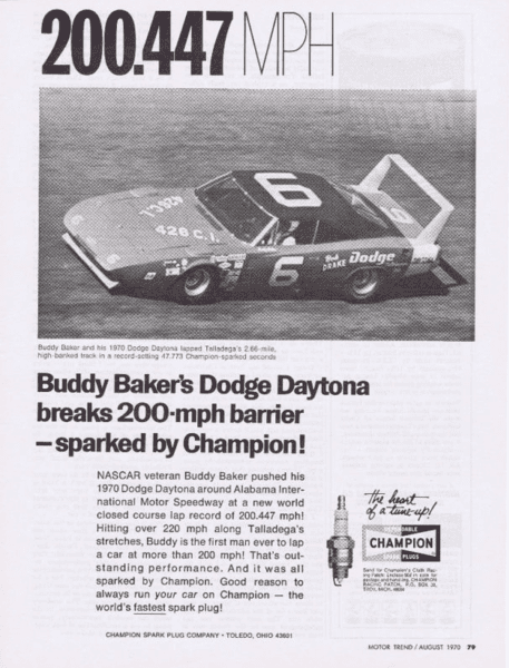 69 Daytona Charger Nascar #6 Buddy Baker Champion Spark Plug Advert. #1 200.447 mph.png