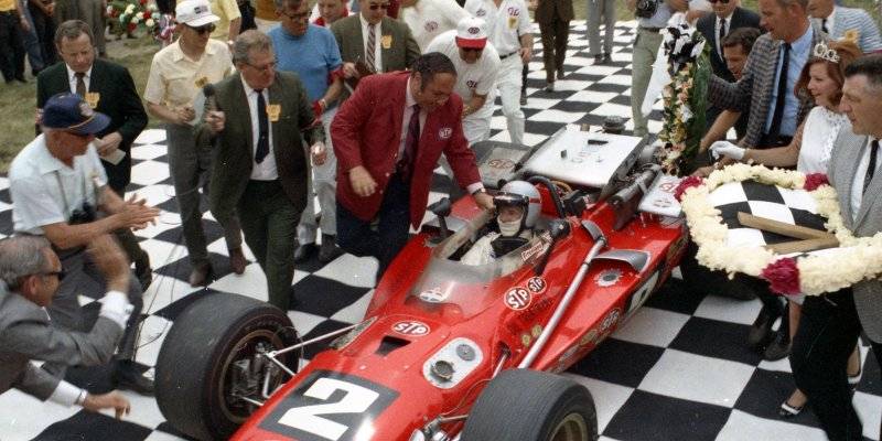 69 Indy Mario Andreti & Andy Granetalli STP 1969 Indy 500 winners circle #1.jpg