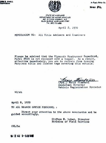 70 Superbird Bulletin Maryland DMV #2 Memo.jpg