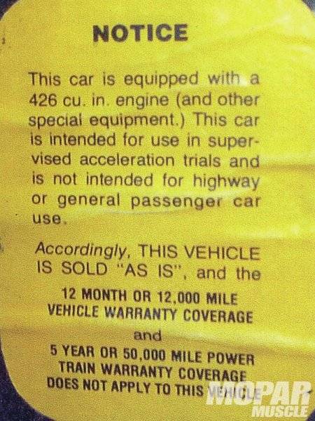 Mopar 63 Polara Warning Warranty Glovebox Sticker for a 426ci Max Wedge.jpg