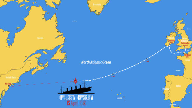 Map showing the point where the RMS Titanic sank 