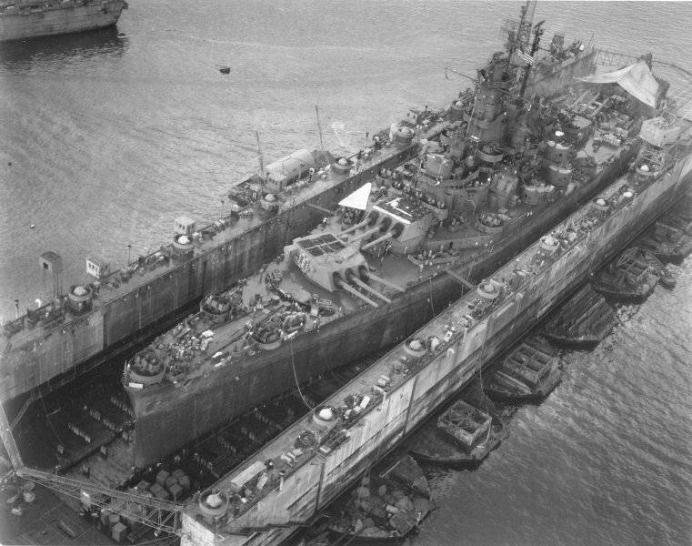USS South Dakota (BB-57) during repairs on the floating dry-dock ABSD-6 due to the effects of ...jpg