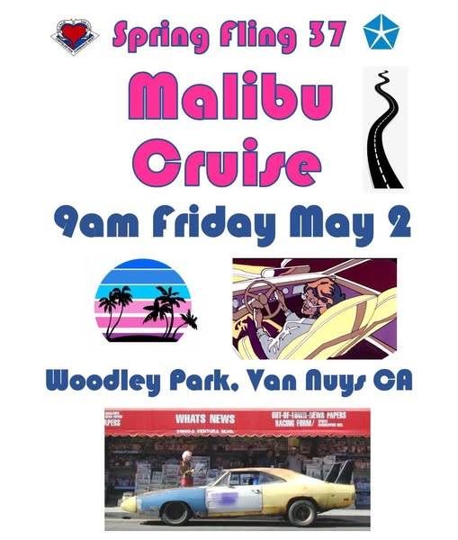 May be an image of 1 person and text that says 'Spring fling 37 Malibu Cruise 9am friday may 2 温票 APERS WHATS NEWS 21000-2 VENTURA BLVE Woodley Park. Van nuys WoodleyPark.VannuysC CA OUT-OF-IDWI-IEMSPAPERS OUT-OF -TOWA EWS PAPERS RACING FORM/ ELAPEL'