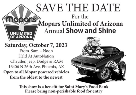 All Mopar Show and Shine to benefit St Mary’s Food Bank, Phoenix AZ October 7th, 2023 9 AM to Noon